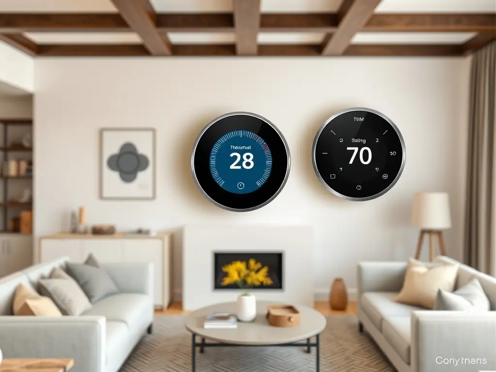 A Honeywell Home smart thermostat mounted on a living room wall, displaying an easy-to-read temperature setting.