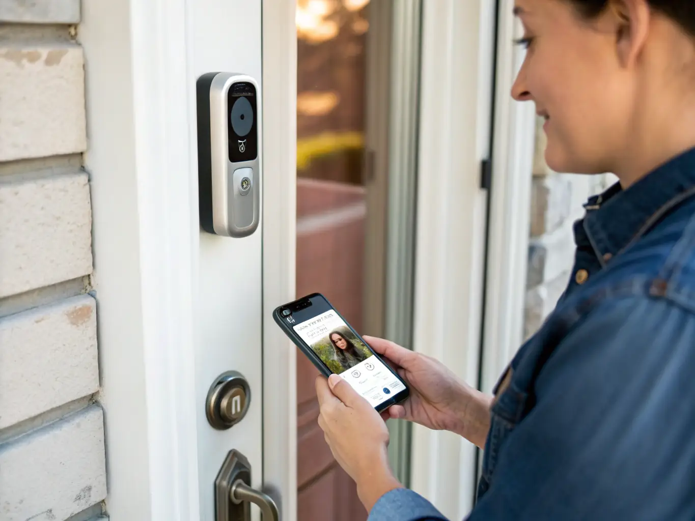 A professionally installed Ring doorbell on a modern home's front door, showcasing its sleek design and integrated camera.