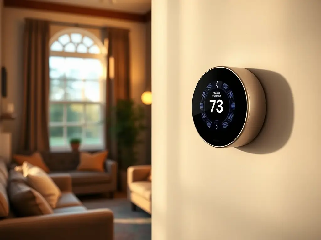 A Honeywell smart thermostat mounted on a wall, displaying a user-friendly interface and energy-saving settings.
