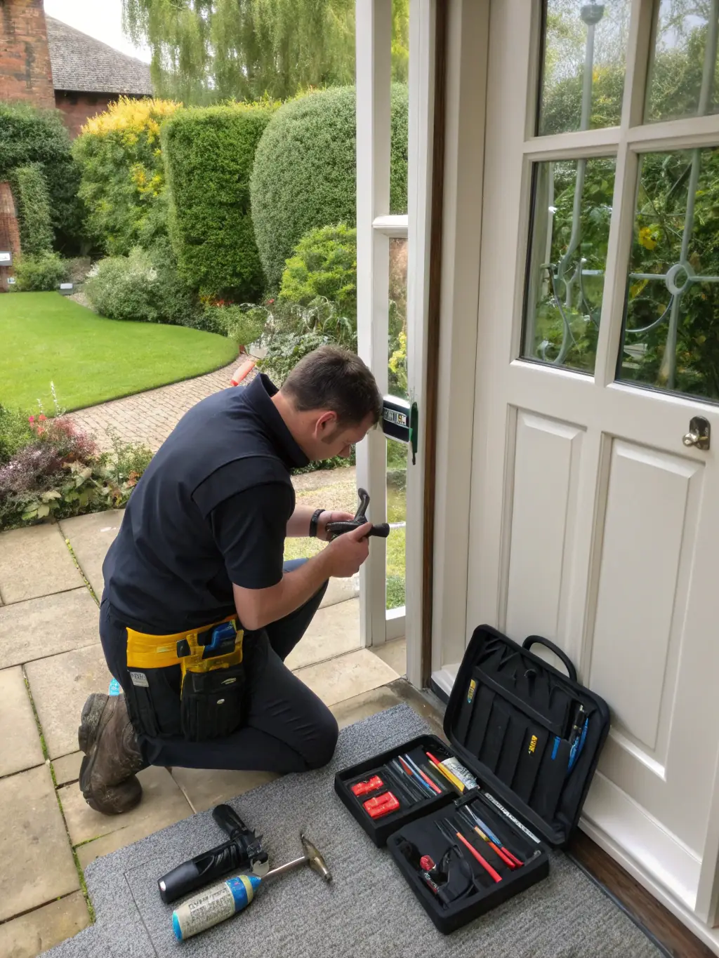 A friendly, uniformed Innova Homes technician expertly installing a Ring doorbell on a modern home's front door, showcasing precision and care.