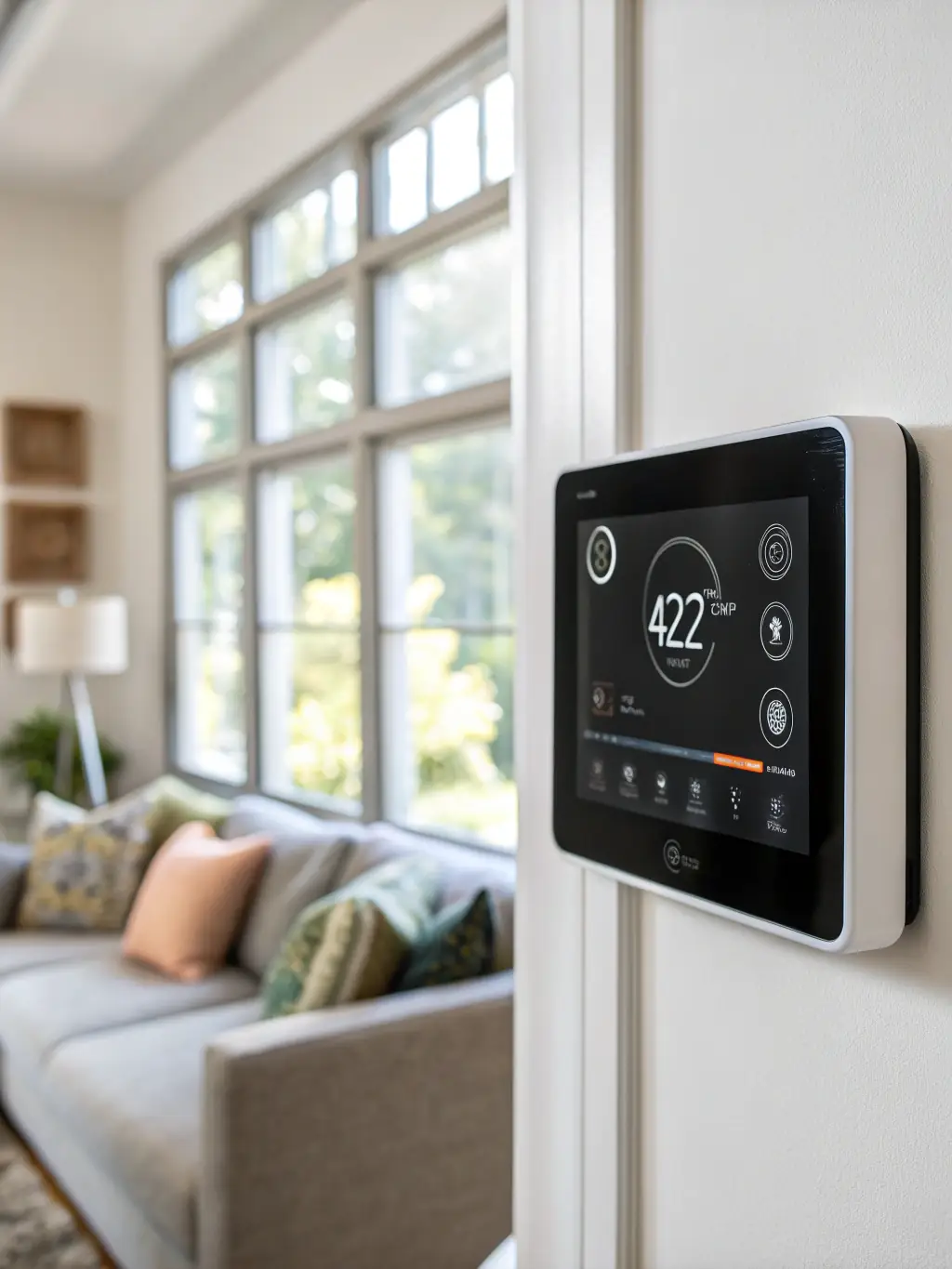 A modern living room featuring a Honeywell smart thermostat on the wall, subtly showcasing energy efficiency and comfort.