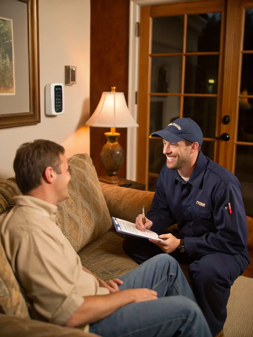 An Innova Homes technician providing friendly, helpful support to a customer in their living room, demonstrating ongoing assistance.